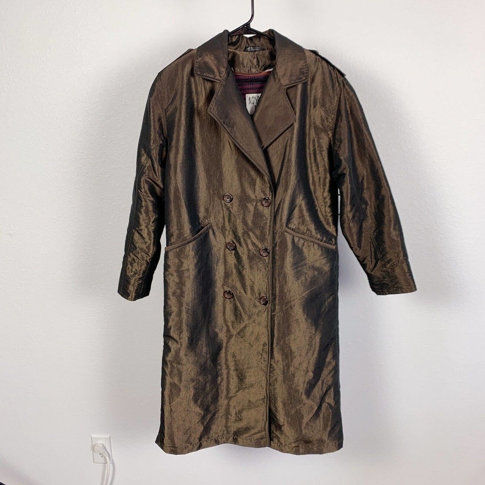 Vintage Norbert Nel Metallic Double Breasted Long Trench Coat Plaid Womens 6